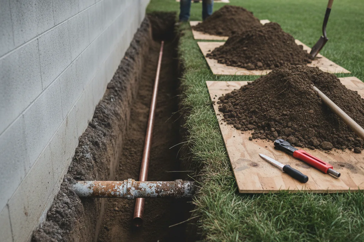 Excavated water line trench during Sewer Line Repair in Dover